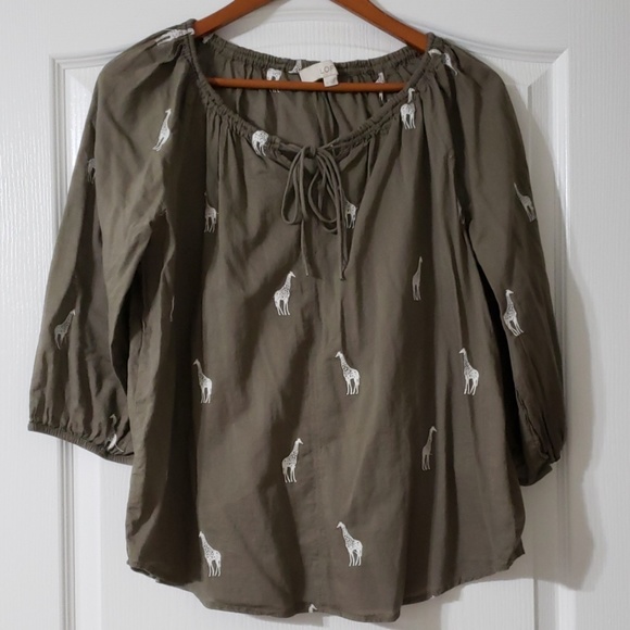 LOFT Tops - LOFT Embroidered Giraffe Tie Neck Blouse